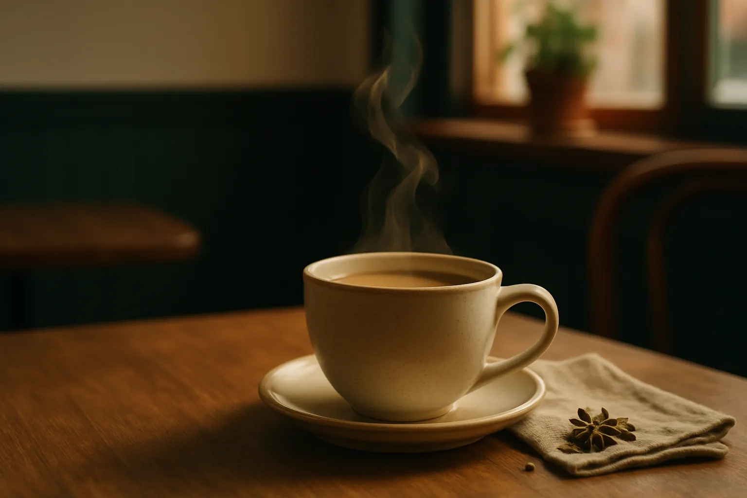 A steaming cup of chai in warm afternoon light